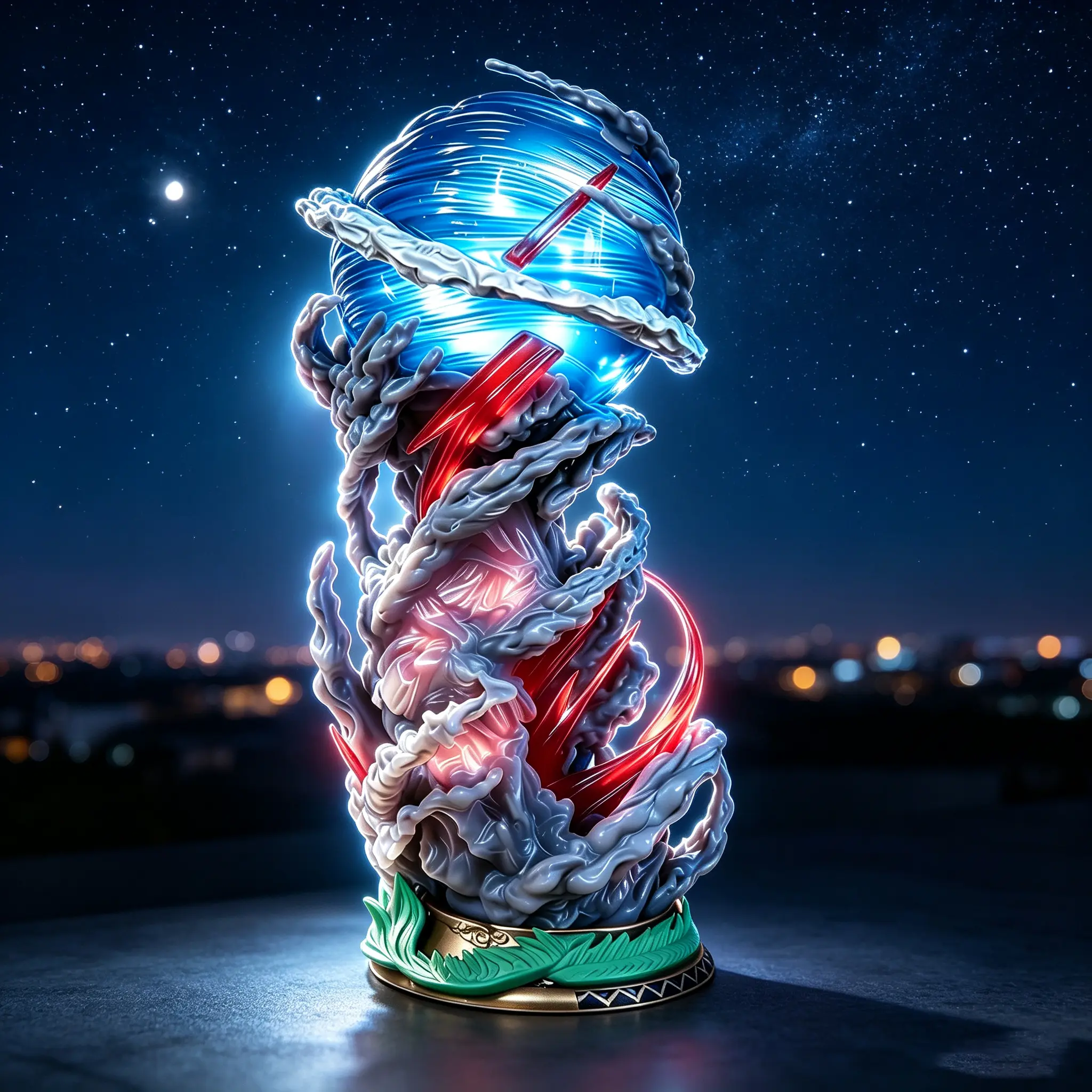 DBZ Animation Hero Spirit Bomb Scene Statue-Dynamic Battle Statue With Energy Effect, Gray Smoke Base, Blue Energy Ball, Orange Equipped Warrior, is an Excellent Desktop Decoration For Anime Fans.