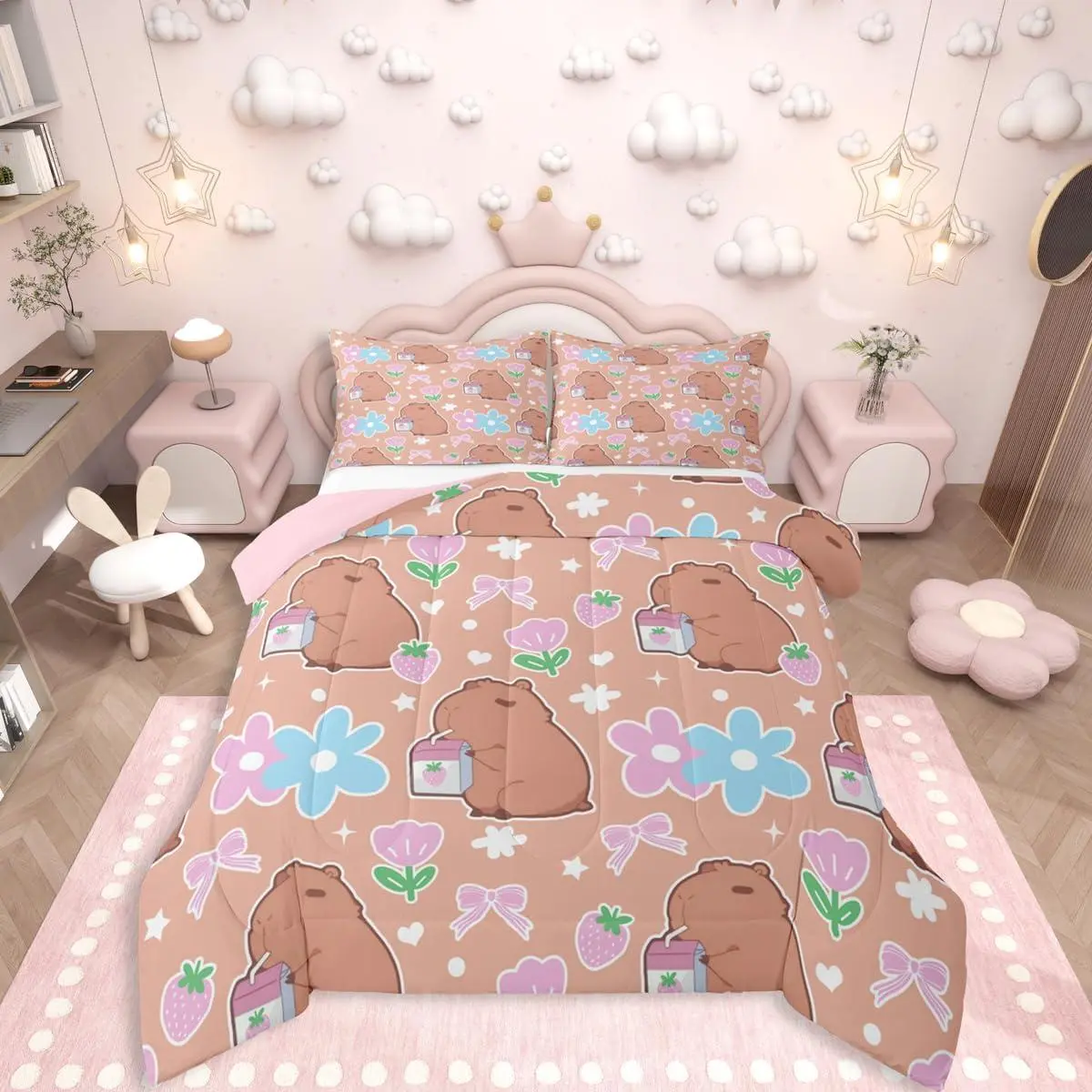 Kawaii Capybara Bedding Set for Girls,Pink Bow Comforter Set,Pink and Blue Florals Duvet Insert,Strawberry Comforter for Kids Women Teens Capybara Room Decor