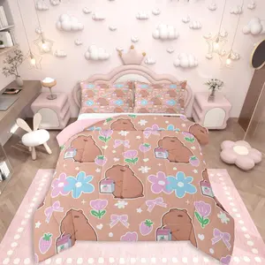 Kawaii Capybara Bedding Set for Girls,Pink Bow Comforter Set,Pink and Blue Florals Duvet Insert,Strawberry Comforter for Kids Women Teens Capybara Room Decor