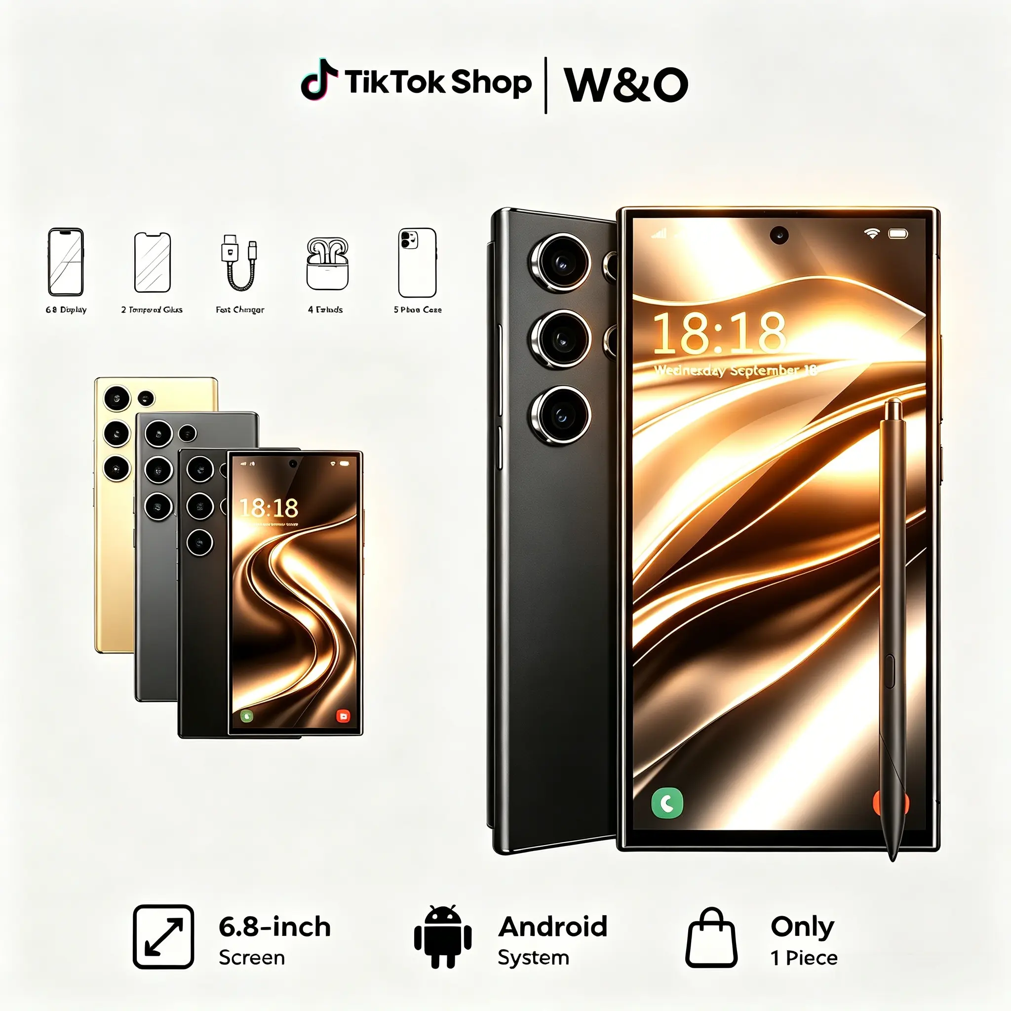 W&O 6.8 Inch Unlocked Android Smartphone 12GB RAM 512GB ROM 6800mAh Large Battery 12MP+50MP Triple Rear Camera Dual SIM Dual Standby 4G LTE Mobile Phone with Stylus Pen Support Fast Charging & Face Unlock