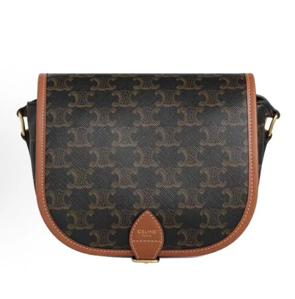 Pre-owned Celine Triomphe Brown Monogram Saddle Crossbody Bag, Authenticity Verified, Ideal for Everyday Use, Style 2604671, Saddle Bag, Monogram Saddle Bag