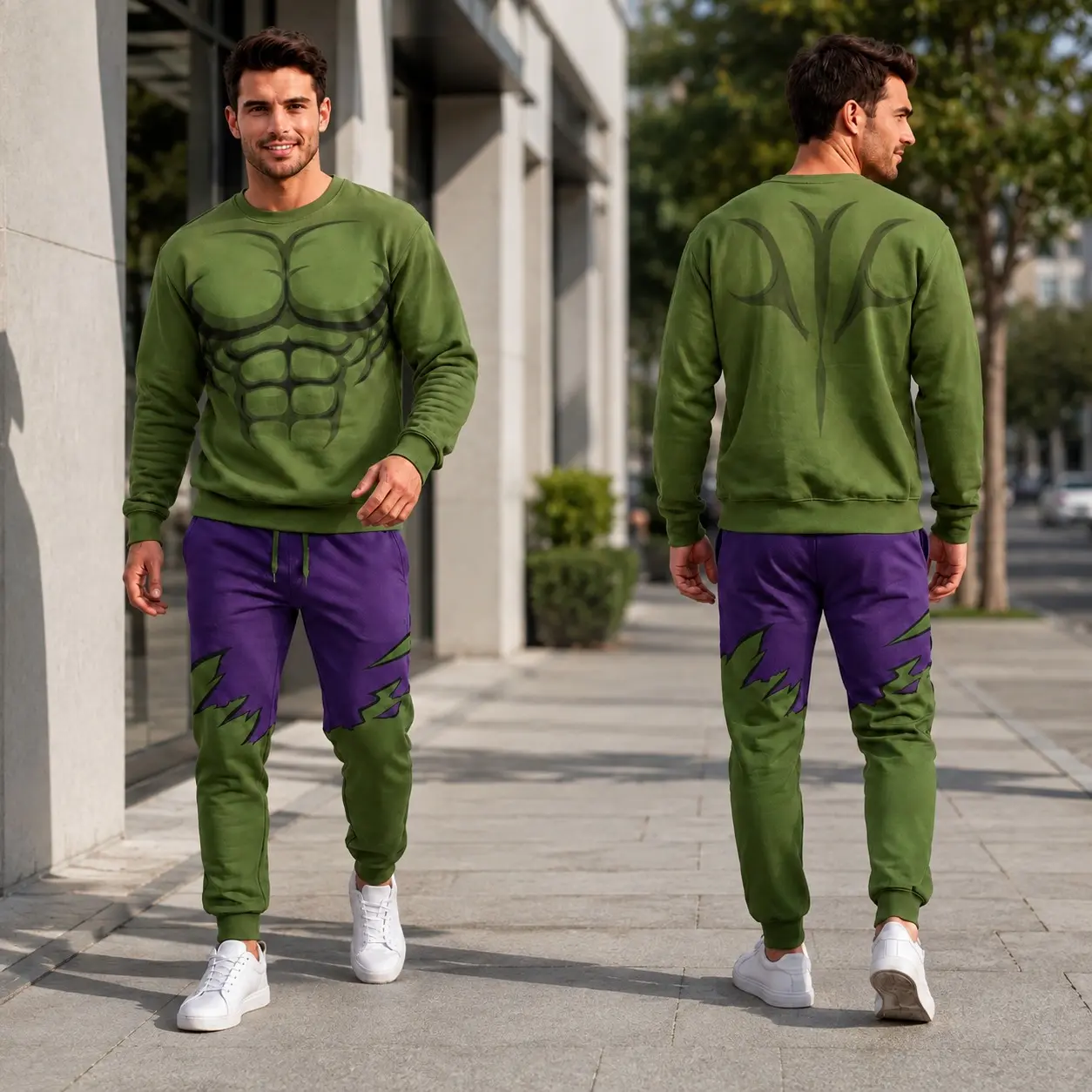Olive Green & Purple Muscle Graphic Sweatshirt & Jogger Set