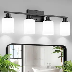 Bathroom Light Fixtures, 4-Light Vanity Light Over Mirror, Matte Black Wall Sconces with Milky White Frosted Glass Shades, Wall Lamp for Living Room Bedroom, E26 Base(Bulbs Not Included)