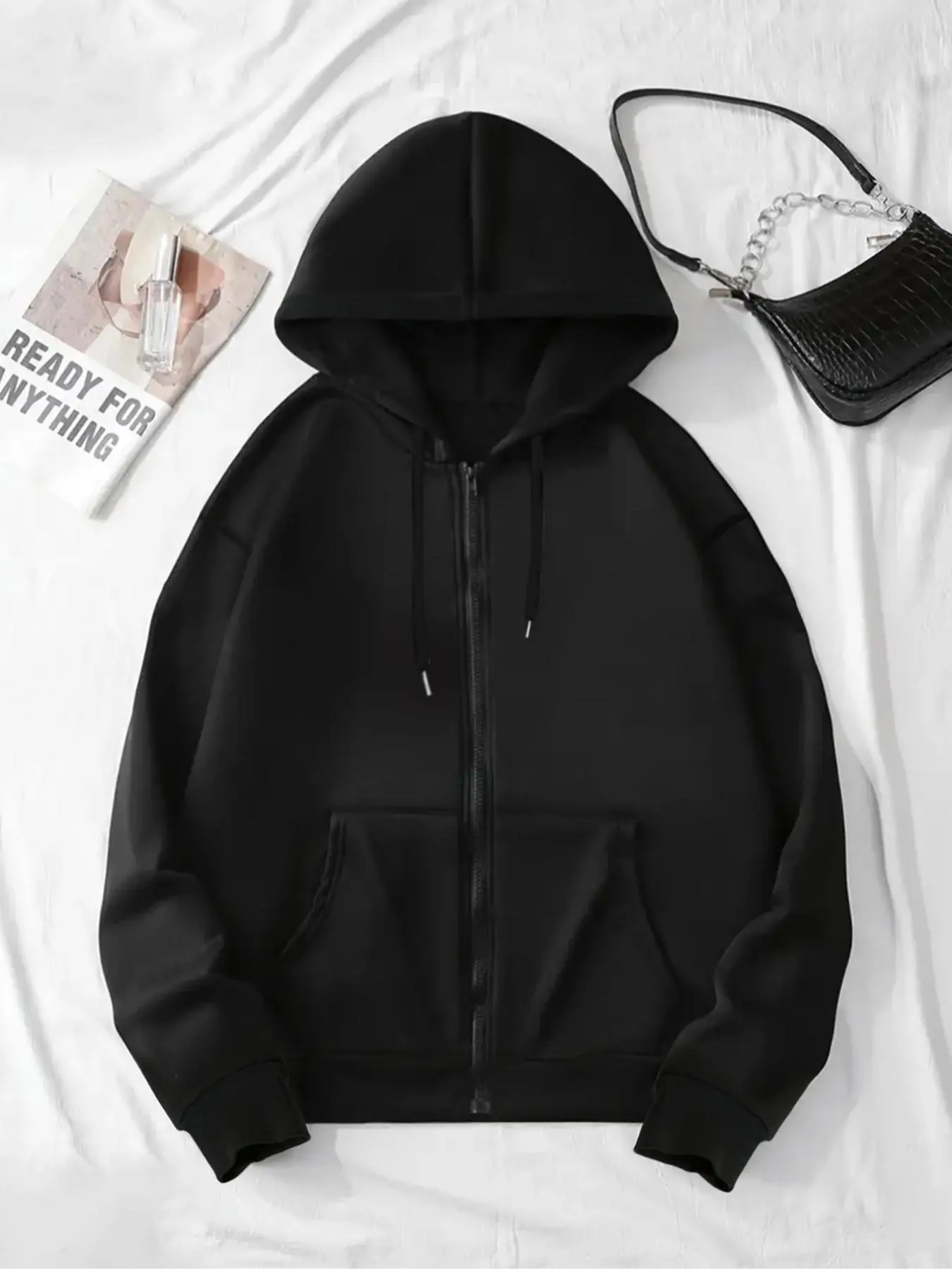 Women's Basic Solid Color Zip Up Drop Shoulder Long Sleeve Casual Streetwear Hoodie, Fashion Casual Minimalist Drawstring Pocket Hooded Jacket for Daily Holiday Outdoor Wear, Women Clothing Womenswear Lady for Fall & Winter, Sweatshirts