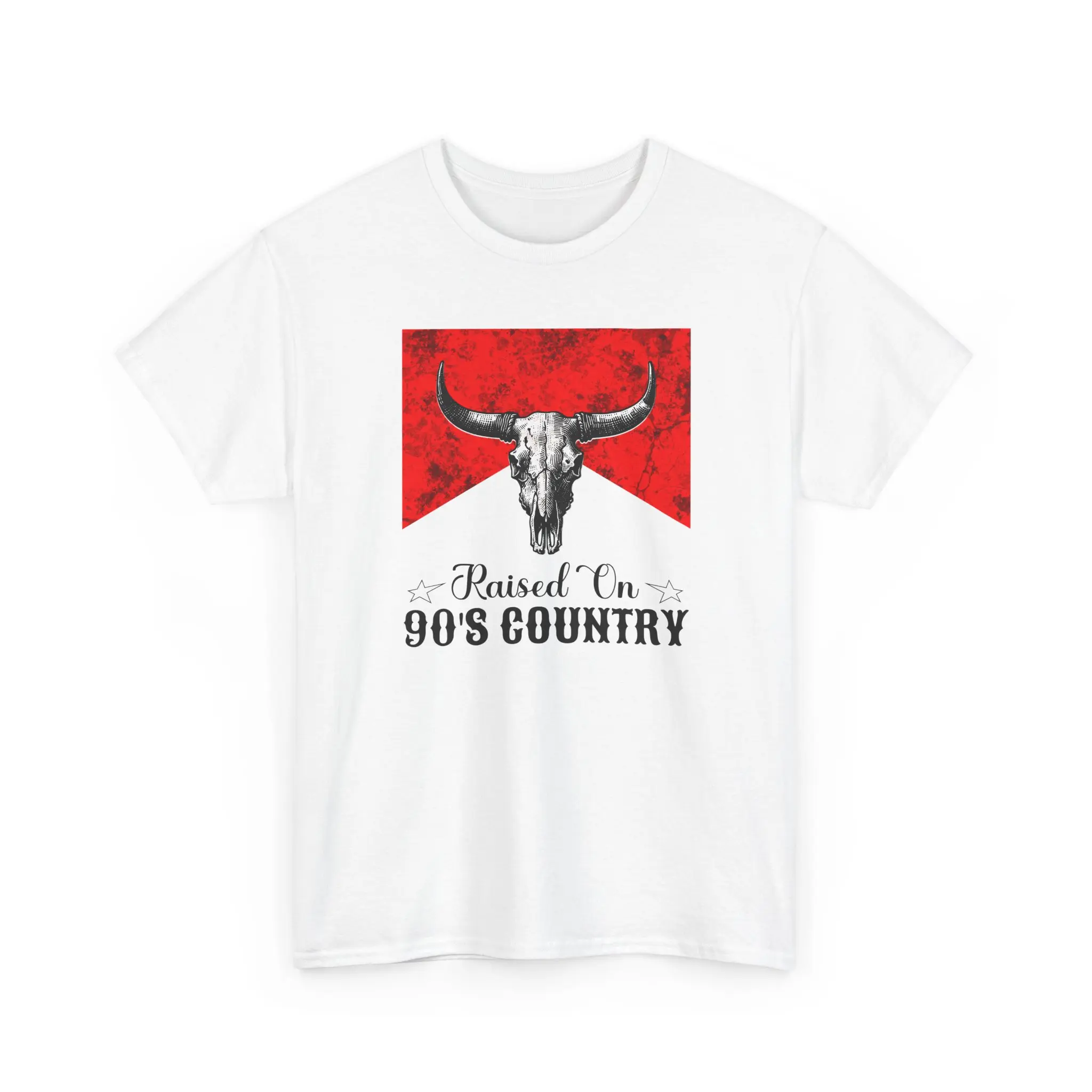 Graphic T-Shirt for Men, Vintage 'Raised On 90s Country' Longhorn Skull Design, Soft Washed Heavyweight Cotton Grunge Aesthetic Crewneck, Denim, Baseball, Cap, Vibe, Tee, Top