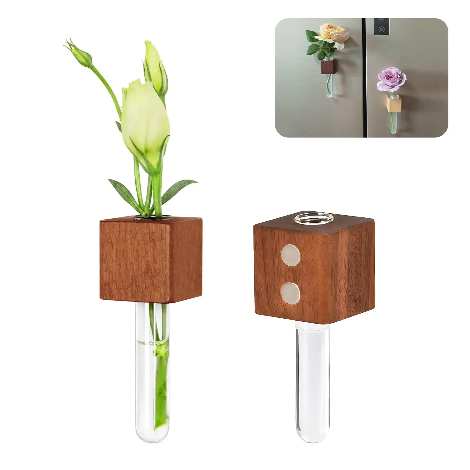 Mini Vase Magnets for Fridge, 2PCS Magnetic Wooden Wall Vases with Glass Test Tubes, Strong Hold No-Slip Refrigerator Magnets, Modern Flower Display for Kitchen, Office, Bedroom & Home Decor