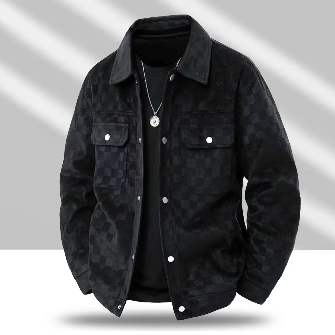 Men's Black Patterned Suede Wool Jacket with Front Flap Pockets and Button Closure, Suitable for Autumn Wear - Fashionable and Practical Top - Aesthetic - Fashion men outfits