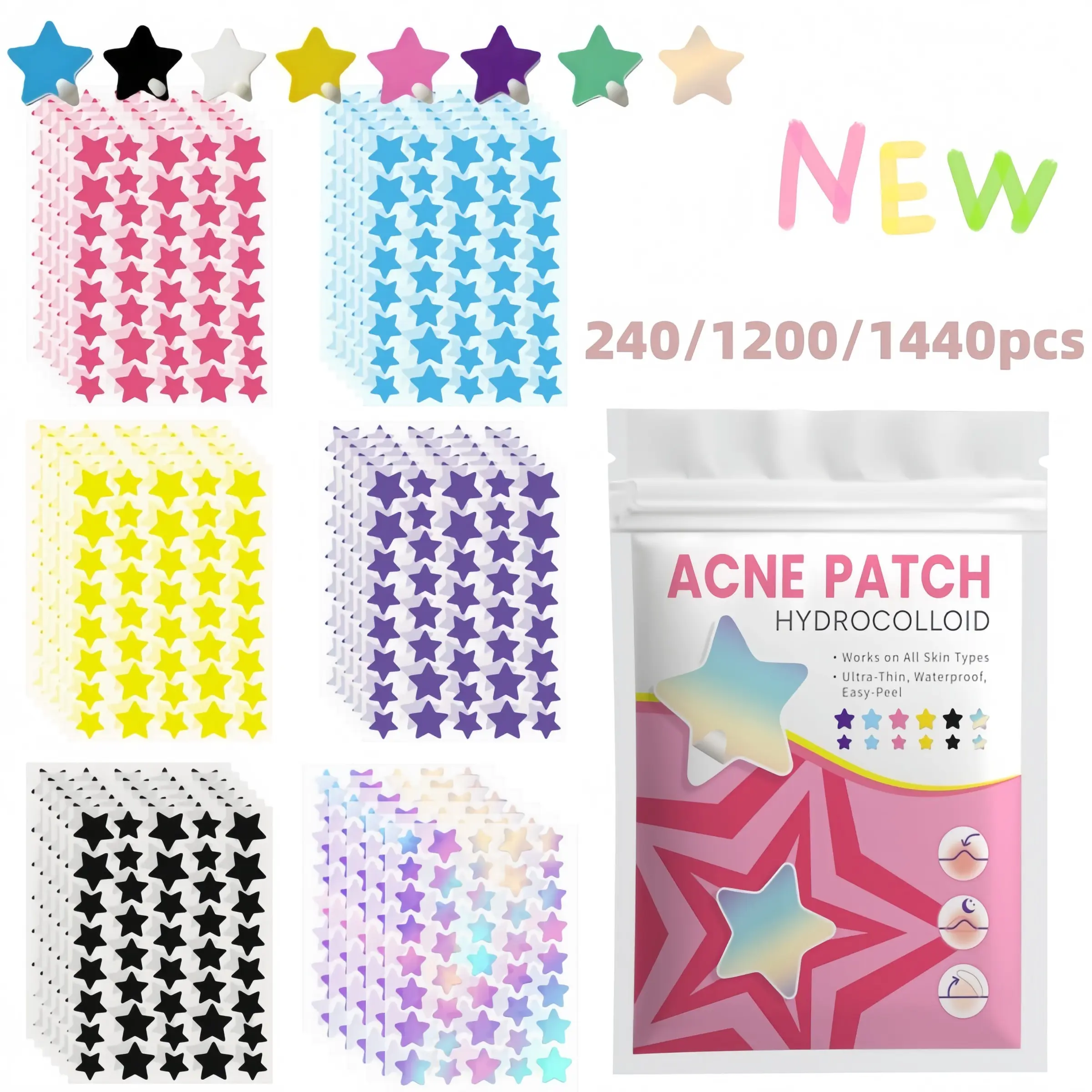 240/1200/1440-Piece Six-Color Star-Shaped Hydrocolloid Acne Patches, Invisible, Thin, Breathable Blemish Patches for Acne Spots and Pimples, Cute Skin Care Patches for Women and Men