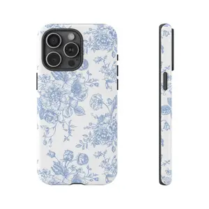 [New Product]French Toile De Jouy Case, Blue And White Floral Tough Phone Case With Extra Layer Of Protection For Iphone 15Pro, 14, 13, 12, 11, 8, XR Max, Plus Accessories Aesthetic Flower Case Smartphone Cellphone Casing S Compatible With Samsung Galaxy