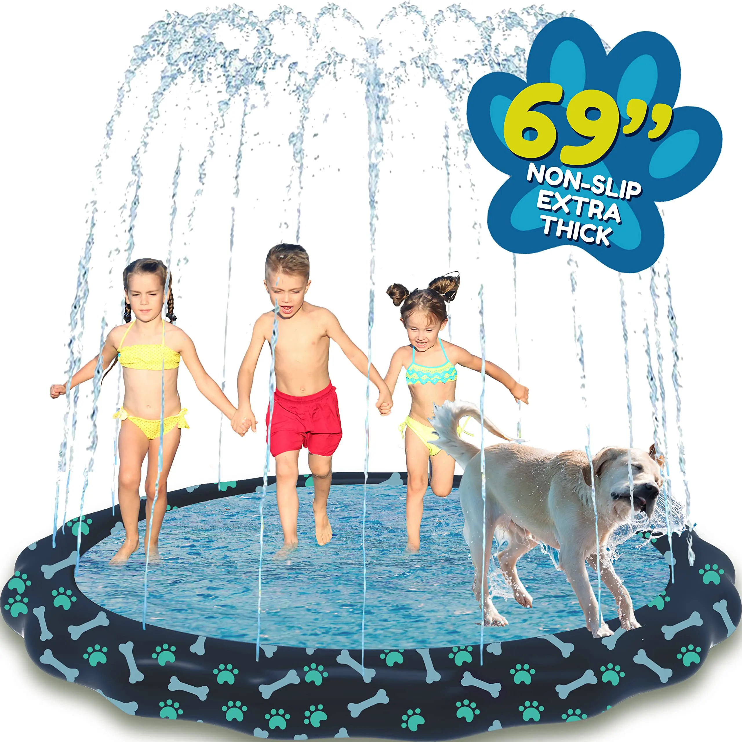 SplashEZ Unisex Kids Non-Slip Foldable Splash Pad with Sprinkler, 69in Extra Large Water Play Area, Paws & Bones Safe Backyard Play Fun Toy for Ages 1-8, Water Fun, Fold & Store Fast