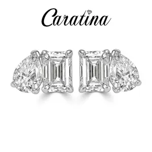 【Preferred gift】Caratina Toi et Moi 3.6CT Moissanite Stud Earrings Rectangle Cut &  Pear Cut Double Stones Engagement Stud Earrings in 925 Sterling Silver Jewelry