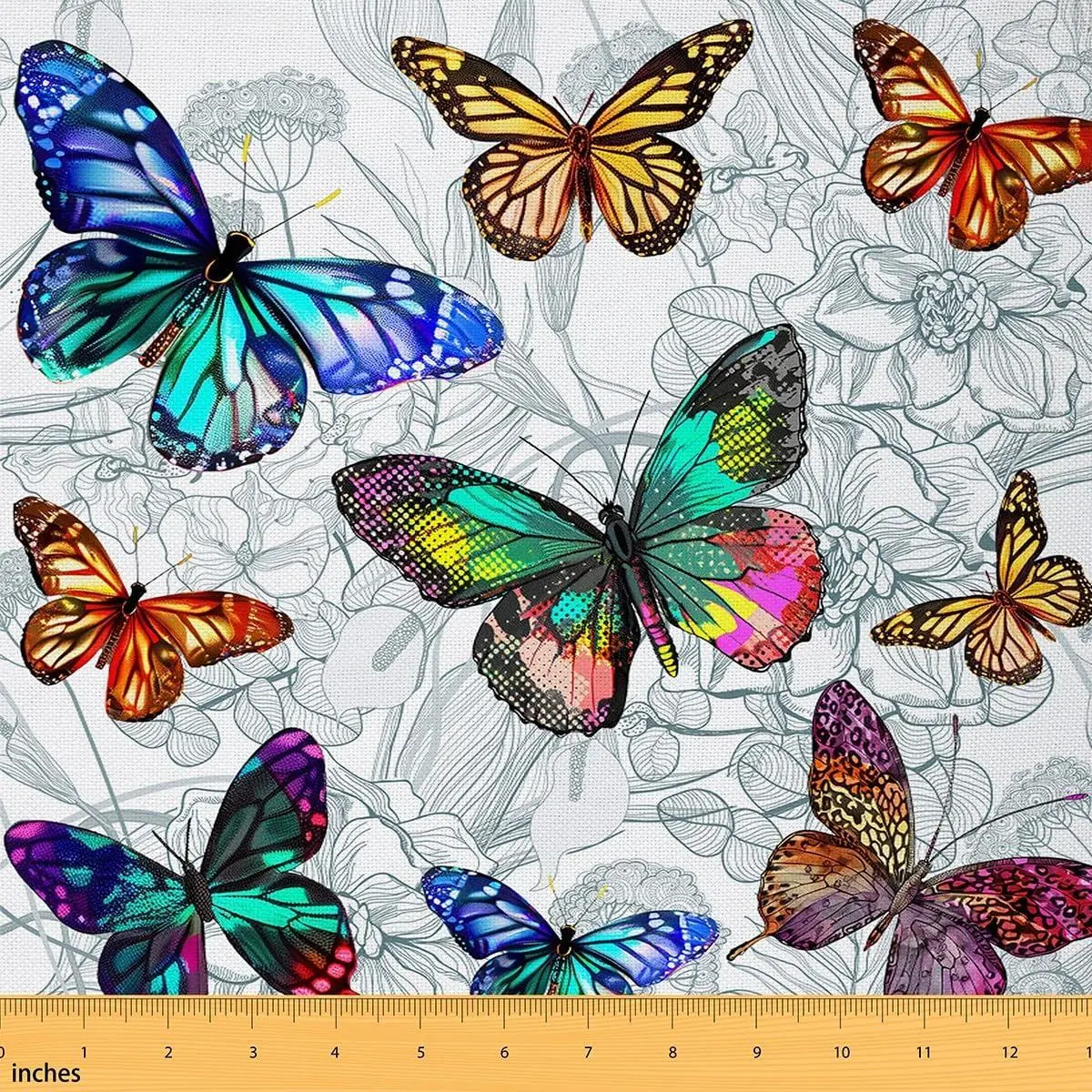Colorful Butterfly Fabric Watercolor Wild Animal Sketch Flowers Soft Flannel Polyester No Stretch Outdoor Rustic Garden View Fabric Clothing Sewing and Home