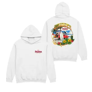 Quiksilver x Pacifico Surf Van Hoodie – White Pullover Featuring Vintage Van, Surfboard & Tropical Flowers Graphic, Perfect for Coastal and Beach Lovers