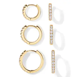 Hypoallergenic 14K Gold Huggie Set| 3 Pairs (8mm, 10mm, 12mm) Cubic Zirconia Hoop Earrings| Stackable Cartilage & Lobe Jewelry| Fashion Gift for Women