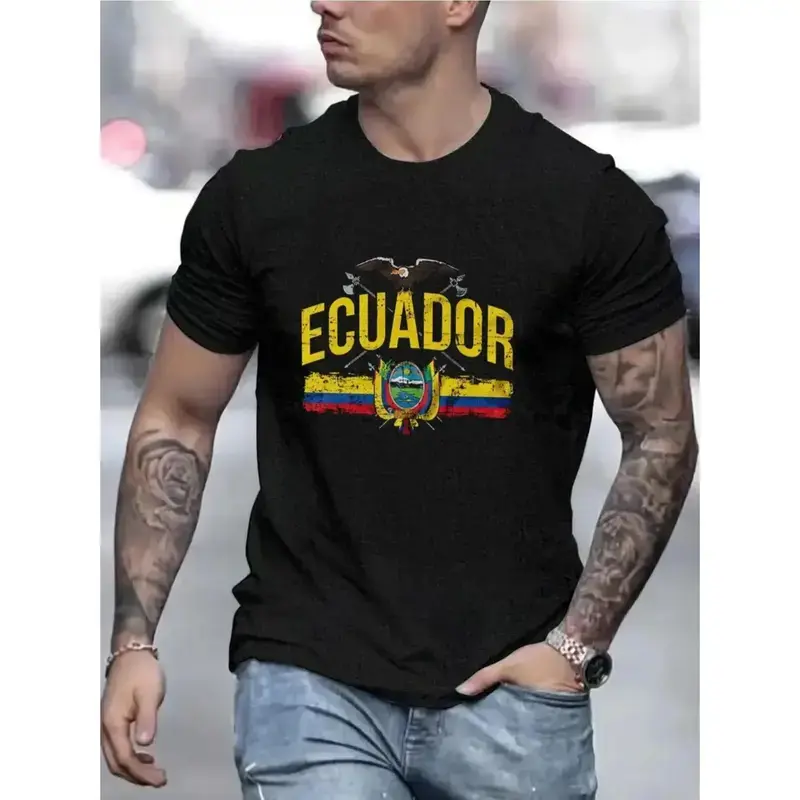 Men's Ecuador National Flag Letter Print Loose Short-Sleeve Cotton T-Shirt - Soft Round Neck, Breathable Streetwear, Summer Casual Top, National Flag Design Style, Printed Loose Fit, National Flag Design Men's Short-Sleeve T-Shirts