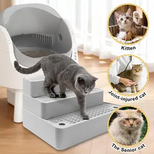 Adjustable 3-Step Cat Litter Box Step Ramp, Non-Slip Detachable Cat Step Stool, Double Layer Litter Trapper with Filter Function, Easy Clean Pet Stair Platform for Small Kittens, Senior Elderly & Injured Cats, Light Grey#Summervibes #petLovers