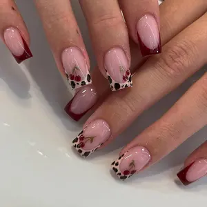 24pcs Medium Square Fake Nails, Glossy False Nails, French Leopard Cherry Design, Glossy Finish, Women's Nail Art Decorations, Diy Nail Art