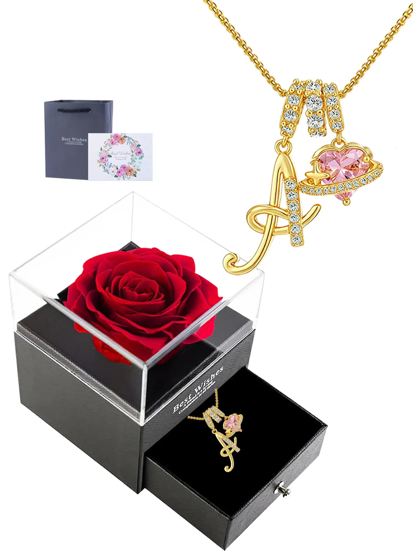 Initial Letter Heart CZ Birthstone Necklace With Rose Jewelry Gift Box, 18K Gold Plated Alphabet Pendant Necklace for Women, Gold Plated Necklaces, Birthday Christmas Jewelry Gift for Women, Heart Shaped Necklace, Heart Birthstones Necklace