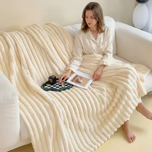 1Pc solid color thickened wide striped luxury artificial rabbit blanket - soft, warm and comfortable, multi-functional blanket can be used as bed sheet blanket, nap blanket, pet blanket, Christmas gift, universal in all seasons, machine washable