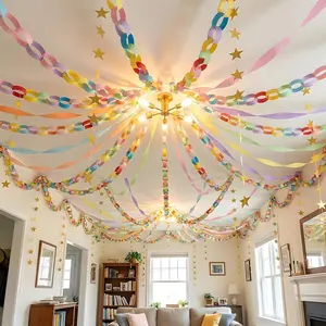Yquqwn Pastel Paper Chain Garland Kit - 492ft Crepe Paper Streamers & 300 Sheets Paper Strips for Chains - 26ft Double-Sided Gold Star Garland for Birthday, Wedding, Macaron Party Decorations