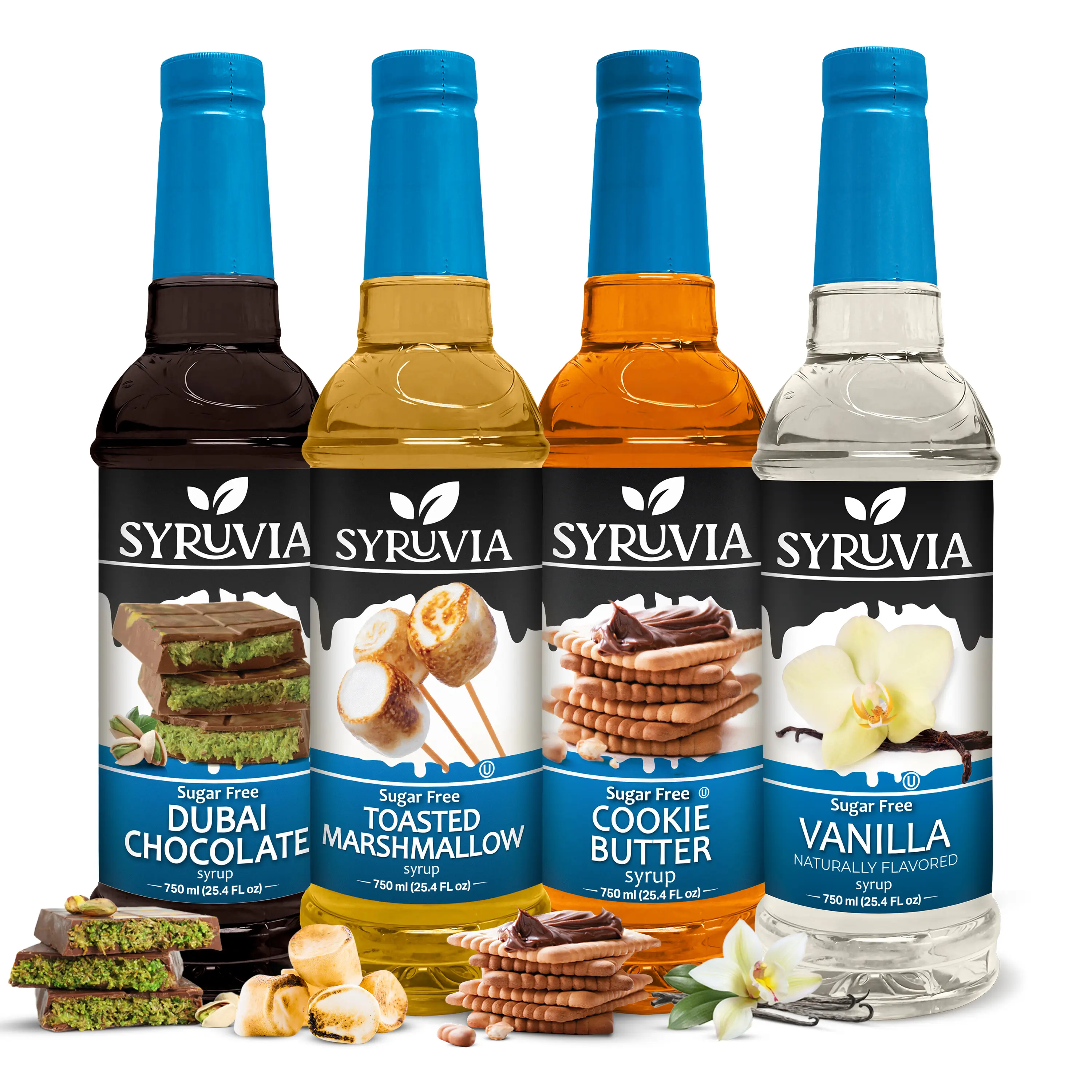 Syruvia Sugar Free Coffee Syrup Variety Pack – Dubai Chocolate, Toasted Marshmallow, Cookie Butter & Vanilla – Gluten-Free, Kosher, 25.4 fl oz Bottles – Perfect for Coffee, Shakes & Desserts (4-Pack)