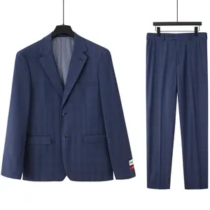 GIANCO FERRO Men's Slim Fit Navy blue Windowpane Pattern Two-Piece Suit features a lapel blazer and trousers, double vents, and a lightweight stretch fabric.