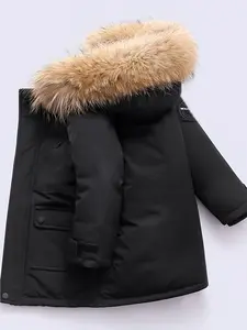 Fashionable Fall/Winter Hooded Snow Jacket with Detachable Faux Fur Collar, Warm Padded Pockets, Casual Polyester Coat - 100% Polyester Non-Stretch Solid Color Fabric, Loose Fit Ages 12 and Under