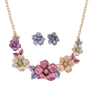 Deal Multi Color Enameled Viola Floral Necklace 20.5-22.5 Inches and Earrings in Goldtone