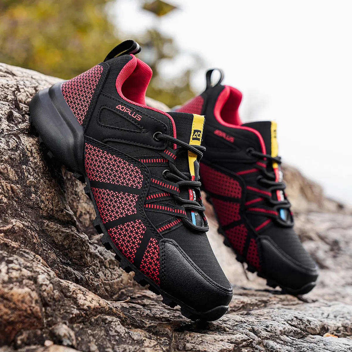 Men's Buckless Tread Casual Trainers - Bike, Athletic, MTB Shoes, Hard Non-Slip Sole, Black-Gray Geometric Design, Blue Lining, Reinforced Toe, Breathable Panels, Comfortable Durable for Daily Use/Riding, Bike Shoes