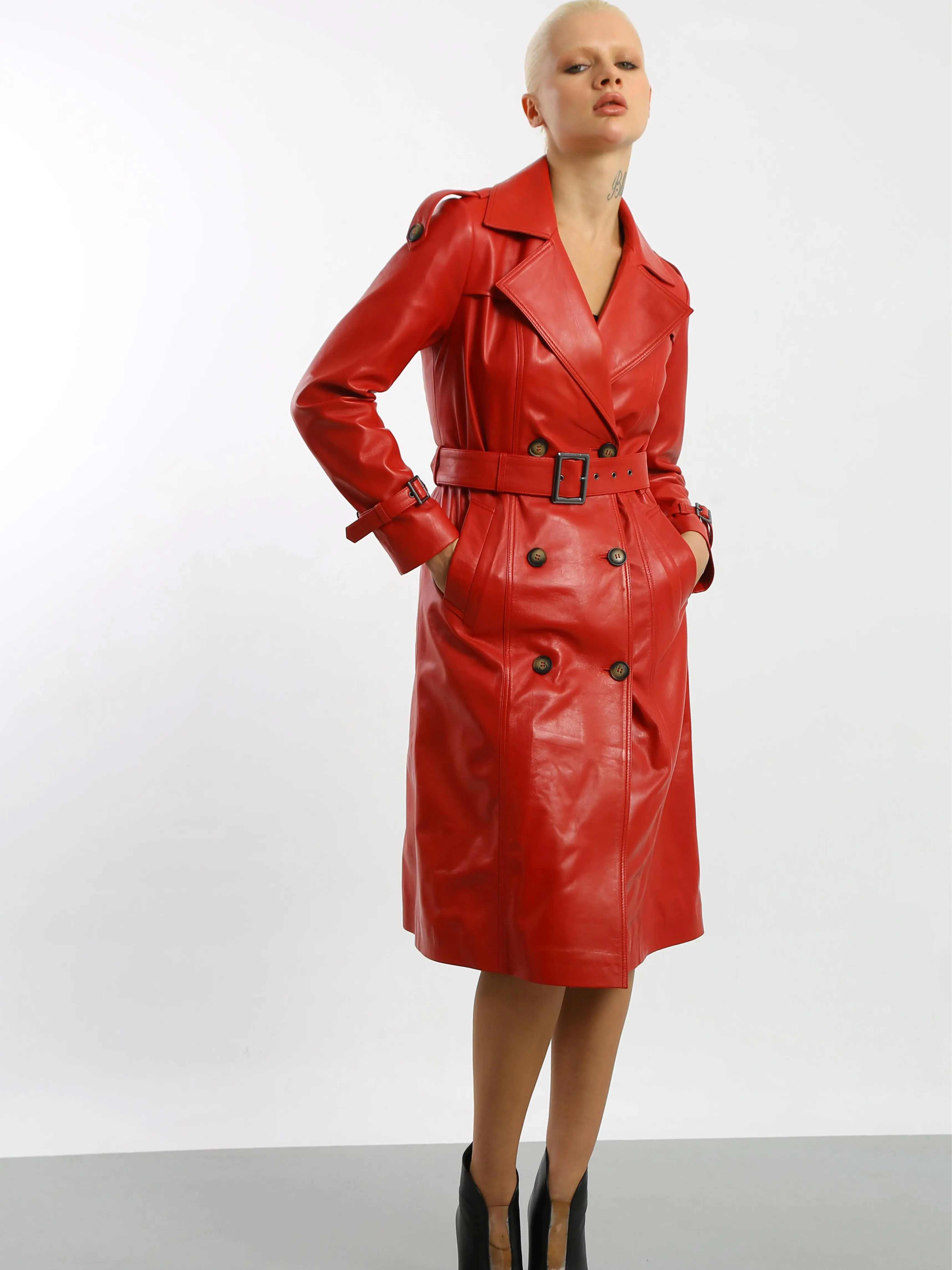 Women Red Lambskin Leather Trench Coat