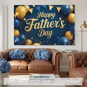 1PC High-Quality Polyester 2D Flat Happy Father's Day Backdrop - Dark Blue & Gold Balloon Decorative Banner, Reusable Party Cloth for Family Gathering, Birthday Photo Background Wall Prop