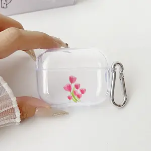 Pink Tulip Delight Pattern Protective Case for AirPods 4/3/2/1/Pro/Pro2 Soft TPU Earphone Cover, Transparent with Keychain