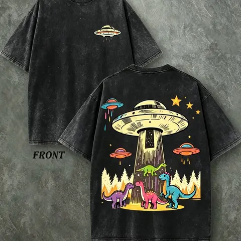 Vintage UFO Abducting Dinosaurs Front Back Double Print T-Shirt, Washed Black Oversized Cotton Crewneck Tee, Retro Alien Spaceship Dinosaur Forest Star Outer Space Funny Meme Streetwear Gift Top