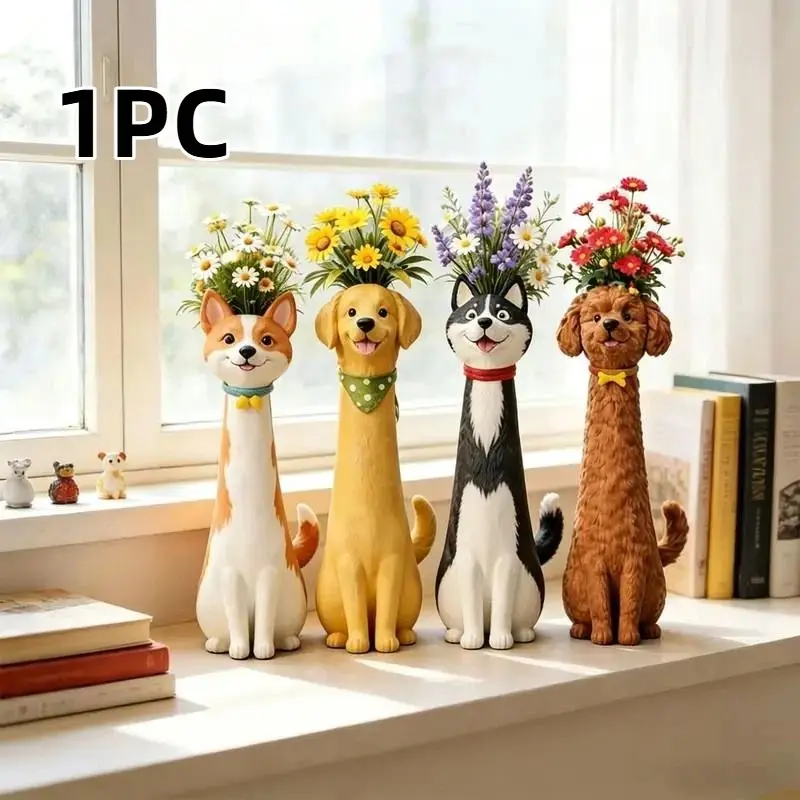 Boho Style Dog Decorative Vase Set, Handmade Resin Desktop Decor, Cute Animal Shape Vase, Perfect for Shelves and Home Decoration