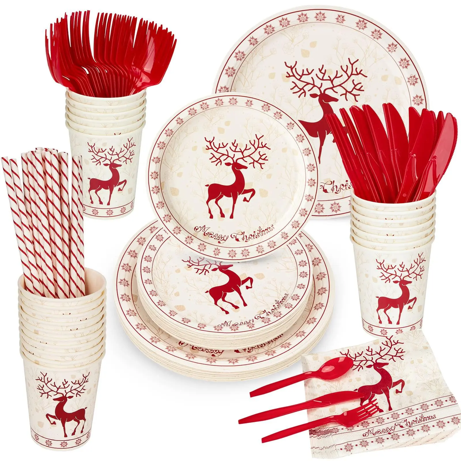 GARVEE 215 PCS Christmas Paper Plates and Napkins, Christmas Disposable Party Supplies Decorations, Christmas Tableware Set Include Dinner Plates, Dessert Plates, Cups, Napkins, Cutlery, Straws