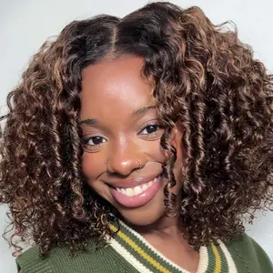 CurlyMe Wear Go Ombre Highlight Brown Bob Water Wave Pre-Cut 7x5 Glueless Wig with Transparent Lace Natural Hairline Shipping in 24H