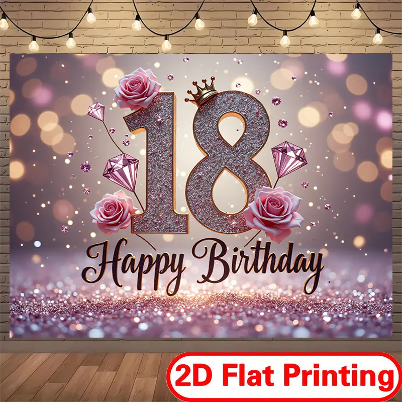 2D Flat Printed Polyester Happy Birthday Party Banner Backdrop Set - Glitter Effect 18th Birthday Design with Roses/Diamonds, Decorative for Craft Enthusiasts’ DIY Party Decor, Home Supplies, Spark