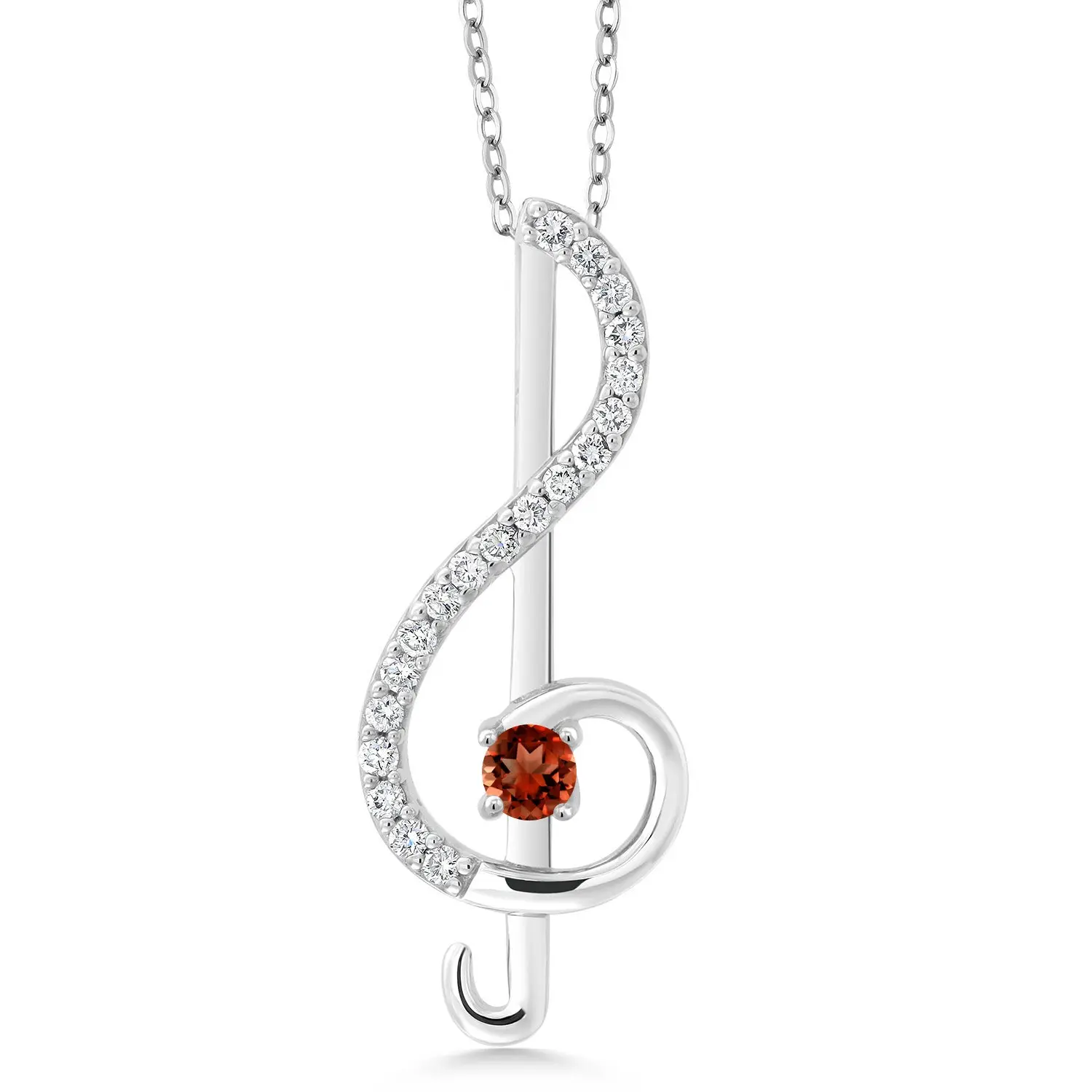 Round Red Garnet Music Note Treble Clef Pendant Necklace For Women By Keren Hanan | Round 3MM | 925 Sterling Silver | Gemstone Birthstone | 0.34 Cttw | With 18 Inch Silver Chain