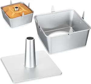 10 Inch Square Tube Cake Pan with Cooling Feet, Non-stick Aluminum Alloy Angel Food Cake Pan with Removable Bottom for Baking Pound Chiffon Cakes, Silver