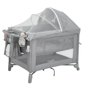 5-in-1 Baby Playard with Bassinet & Diaper Changing Table, Portable Foldable Nursery Center with Mosquito Net & Hanging Toys, All-in-One Travel Playpen for Infants and Toddlers