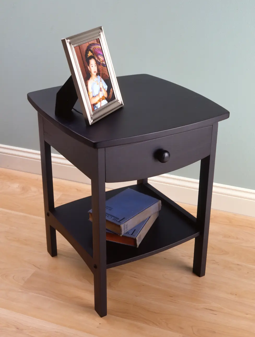 212 MAIN Black Beechwood End Table - Modern Nightstand, Curved Top Bedside Table with 1 Drawer
