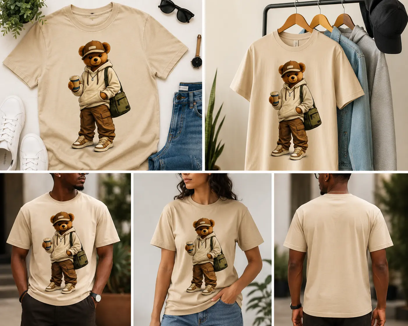 Streetwear Teddy Bear Graphic T-Shirt | Cute Urban Coffee Bear Unisex Tee
