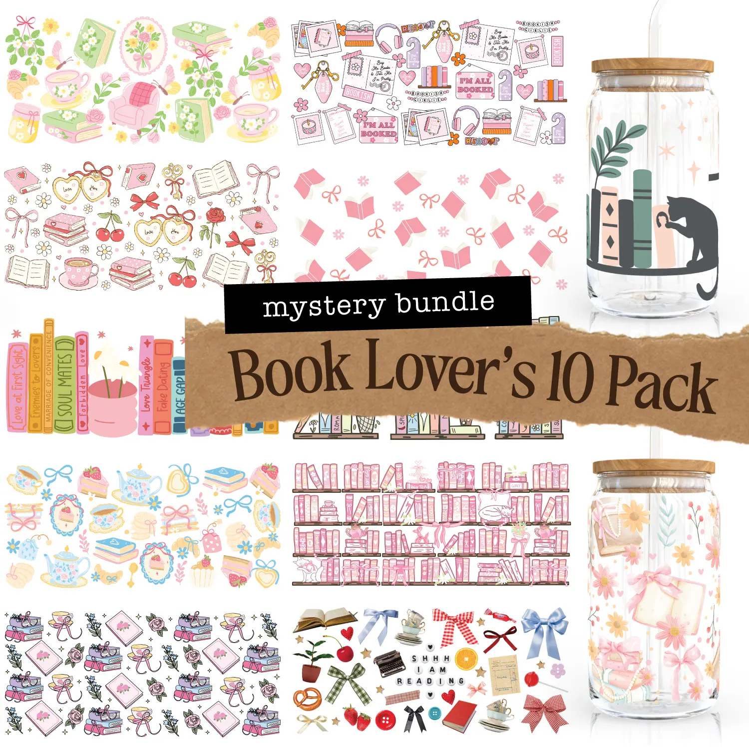10 UV DTF Cup Wrap Mystery Pack Book Lover's Theme UV DTF Sticker for 16oz Glass Cup Decoration Decorate Any Hard Surface