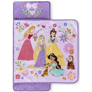 Jay Franco Kids Nap Mat with Embedded Pillow & Blanket  Disney Princess Soft 46"x20" Microfiber Sleeping Bag with Name Tag & Handle for School, Travel, Sleepover, Pink