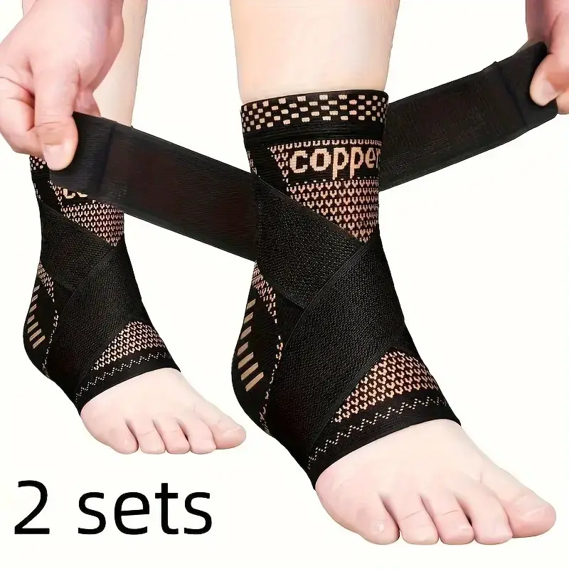Unisex Adjustable Multi-Size Copper Ankle Brace Compression Sleeve (Pair) - Athletic Breathable Foot Support with Arch Support for Achilles Tendonitis, Heel Pain Relief, Custom Compression, Lightweight Flexibility, Walking
