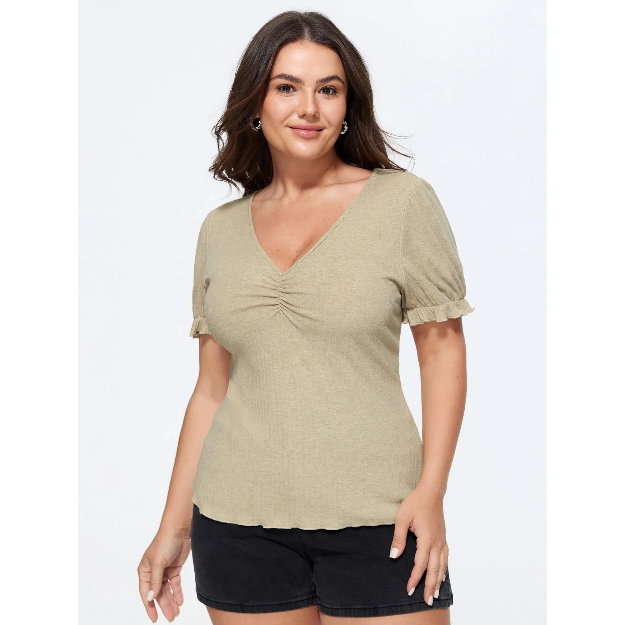BloomChic Plus Size Stretchy Ribbed T-Shirt - Casual Solid Cropped Top with Puff Short Sleeves, Ruched Smocked Details, Stretchy Fabric, Polyester Women's Basic Tops for Casual Wear