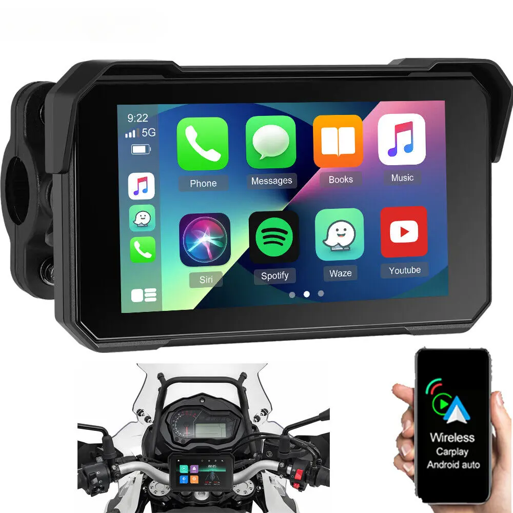 5-in Waterproof GPS Car Navigator, 12V Portable Touchscreen Car Video Player with Wireless CarPlay, Supports Wireless Android Auto, Bluetooth, Universal Mount, SummerVibes Father's Day Gift for Motorcycle, Wifi Gps, 5 And Below
