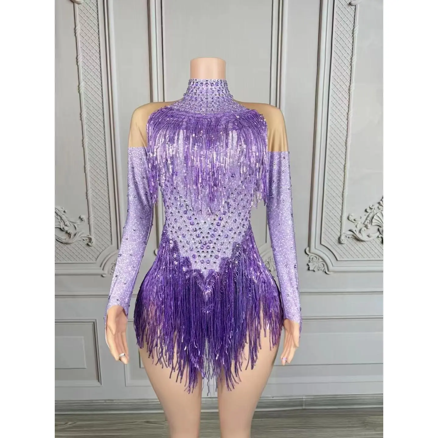 Sparkly Rhinestones Sequins Tassels Bodysuit for Women Sexy Performance Dance Costume Singer Dancer Leotard Show Stage Wear