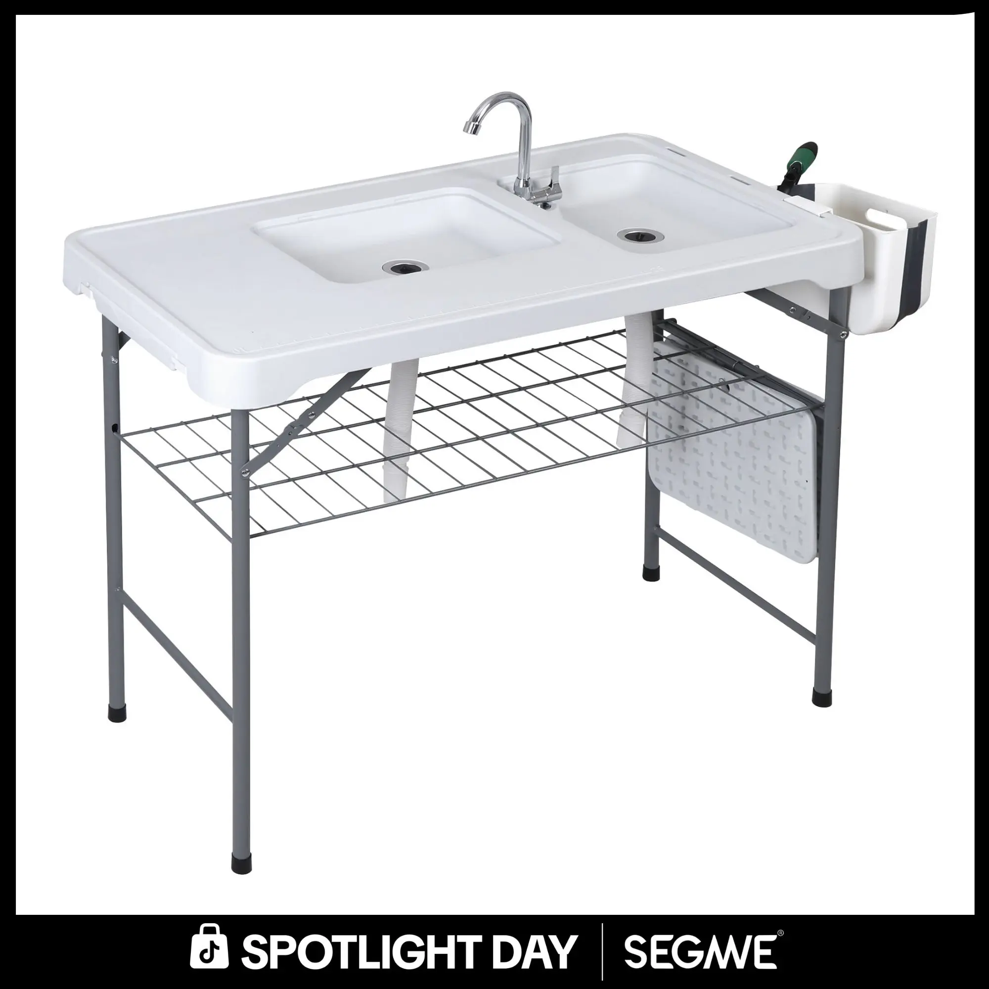 Segawe All-in-1 Multipurpose Outdoor Prep Station - Lightweight Outdoor Table, Portable Foldable PE & Steel Table with Folding Legs, Dual Sinks, Faucet, Grid Rack, 660lb Capacity, Fish Cleaning, BBQ/Camping Essential Patio Furniture (42.6in), Portable Fol