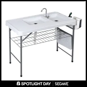 Segawe All-in-1 Multipurpose Outdoor Prep Station - Lightweight Outdoor Table, Portable Foldable PE & Steel Table with Folding Legs, Dual Sinks, Faucet, Grid Rack, 660lb Capacity, Fish Cleaning, BBQ/Camping Essential Patio Furniture (42.6in),summervibes